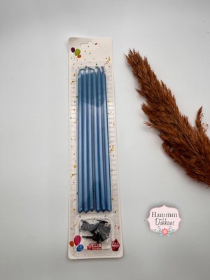 Verda Desing Metalik Mavi Uzun Çubuk Pasta Mumu 20 cm 6 Lı Set