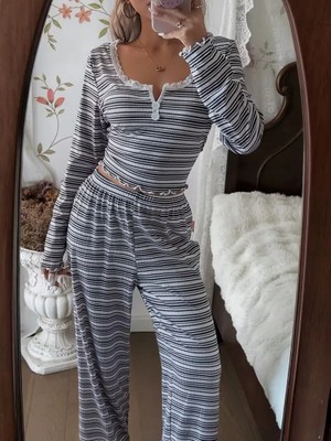 Kadir Wear Uzun Kollu Uzun Paçalı Çizgili Desenli Pijama Takımı
