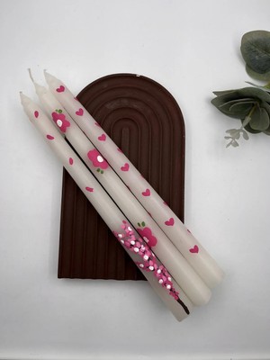 Verda Desing El Emeği Boyama Tasarım Pembe Kalp ve Çiçek Seti Dekoratif Şamdan Mumu 3 Adet