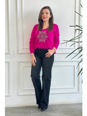 Yan Kısmı Taş Detaylı Palazzo Kot Pantolon