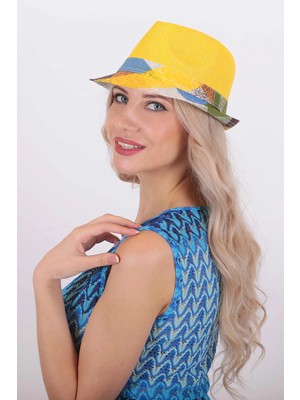 Bay Şapkacı Turuncu Bohem Hasır Fötr Şapka – Renkli Etnik Şeritli Yazlık Kadın Şapkası 6261