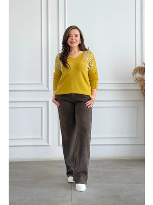 Beli Lastikli Kadife Bol Paça Pantolon