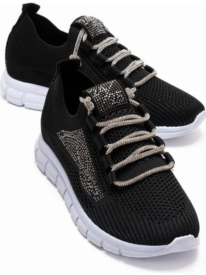 Ccway Kadın Triko Taşlı Bağcık Ayakkabı SİYAH BEYAZ