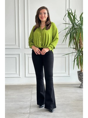 Yüksek Bel Likralı Ispanyol Paça Kot Pantolon