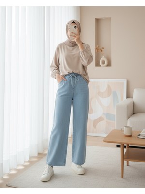 Moda Morfo Beli Lastikli Cepli Bol Paça Kot Pantolon       -Bebe Mavi