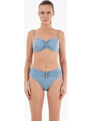 Louren Kadın Siyah/mavi Düz Kumaş  Boncuklu Çıkarılabilir Askılı Sabit Kaplı Balenli Straplez Bikini Takımı