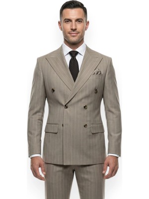 HERMOSE Signature | Krem Rengi Çizgili Kruvaze Takım Elbise