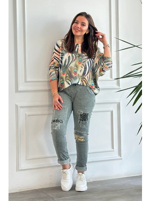 Leopar Desenli Pul Detaylı Pantolon