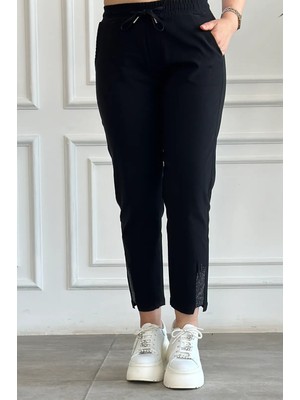 Büyük Beden Beli Lastikli Paçası Taş Detaylı Pantolon