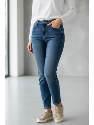 Yüksek Bel Likralı Mom Jean