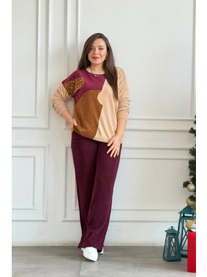 Beli Lastikli Kadife Bol Paça Pantolon