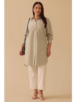 Galaxi Kadın Büyük Beden Çizgili Cep Detaylı Tunik 4014 Yeşil