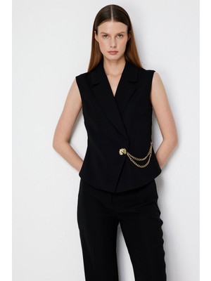 Ekol Kadın Kruvaze Yaka Zincir Aksesuarlı Yelek 2442 Siyah