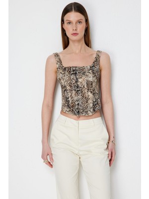 Ekol Kadın Kalın Askılı Korseli Crop Bluz 2062 Leopar