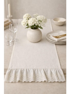 Nurgita Home % 100 Pamuklu Ham Keten Ucu Fırfırlı Runner&dekoratif Örtü