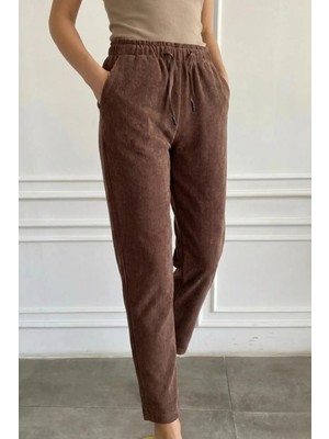 Beli Lastikli Kadife Dar Paça Pantolon