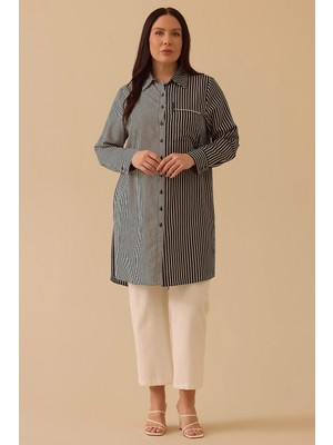 Galaxi Kadın Büyük Beden Çizgili Taş Detaylı Tunik 4003 Siyah