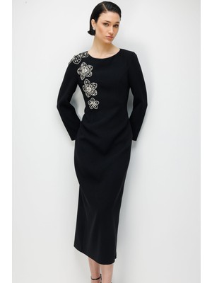 Moda İlgi Moda Ilgi Kadın Çiçek Desenli Taş Aksesuarlı Klasik Kalem Elbise 0093 Siyah