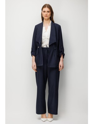 Ekol Kadın Büyük Beden Çizgi Desenli Bol Paça Pantolon 1590 Lacivert