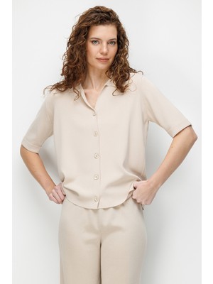 Desen Triko Kadın Polo Yaka Kısa Kollu Ince Triko Ceket 26363 Bej