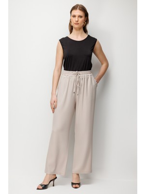 Ekol Kadın Büyük Beden Beli Bağcıklı Bol Paça Pantolon 4126 Kum