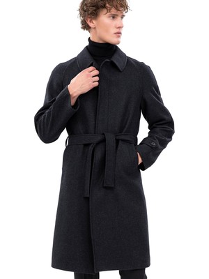 Echol Erkek Standart Fit Yandan Cepli Kuşaklı Kaşe Kaban