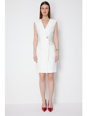 Ekol Kadın Zincir Detaylı Kruvaze Midi Elbise 6044 Ekru