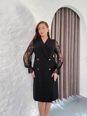 ModaSehle Kadın Büyük Beden Düğme Detaylı Dantel Kollu Midi Abiye Elbise