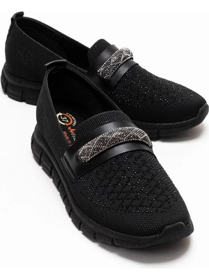 Ccway Kadın Triko Baklava Taşlı Toka Loafer Ayakkabı Siyah Siyah