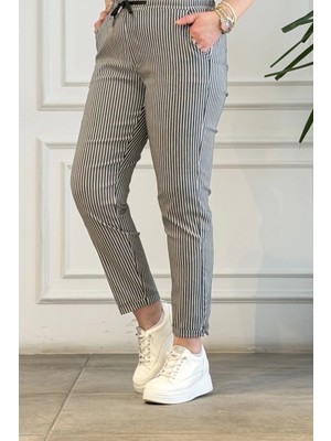 Duble Paça Beli Lastikli Çizgili Pantolon