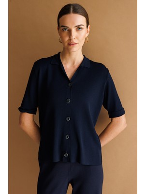 Desen Triko Kadın Polo Yaka Kısa Kollu Ince Triko Ceket 26363 Koyu Lacivert