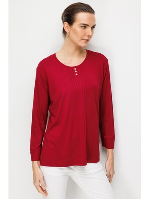 Desen Triko Kadın Sıfır Yaka Uzun Kollu Penye Bluz 25767 Vişne