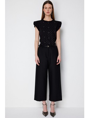 Ekol Kadın Beli Kemerli Kısa Bol Paça Pantolon 4012 Siyah