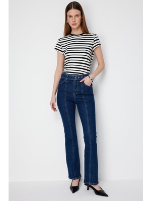 Ekol Kadın Kemerli Ispanyol Paça Kot Pantolon 4152 Indigo