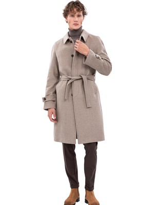 Echol Erkek Standart Fit Yandan Cepli Kuşaklı Kaşe Kaban