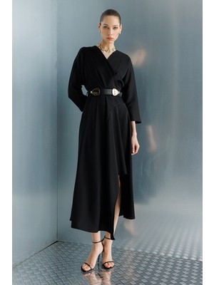 Moda İlgi Moda Ilgi Kadın Beli Kemerli Kruvaze Yaka Eteği Asimetrik Elbise 0024 Siyah