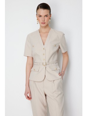 Ekol Kadın Beli Kemerli Kısa Kollu Ceket 1190 Kum