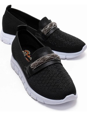 Ccway Kadın Triko Baklava Taşlı Toka Loafer Ayakkabı Siyah Beyaz