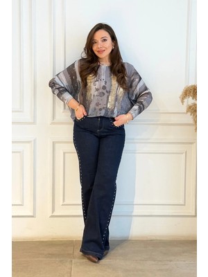 Cep ve Yanları Drop Taş Detaylı Palazzo Kot Pantolon