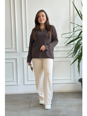 Beli Lastikli Kadife Bol Paça Pantolon