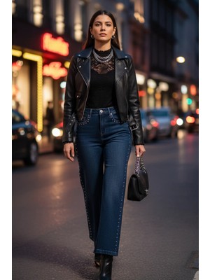 Cep ve Yanları Drop Taş Detaylı Palazzo Kot Pantolon