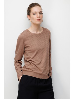 Desen Triko Kadın Sıfır Yaka Verev Çizgili Yanı Düğmeli Uzun Kollu Ince Triko Bluz 26372 Mocha