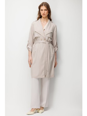 Ekol Kadın Büyük Beden Beli Kuşaklı Apoletli Trenç 7522 Kum