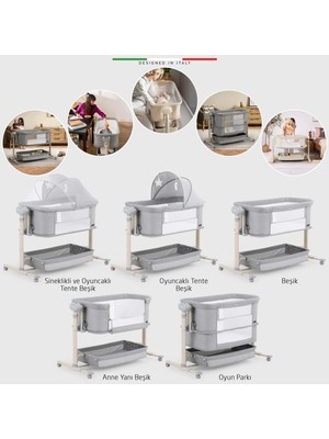 Elele Amalfi 3in1 Elektrikli Anne Yanı Beşik Park Yatak Otomatik Sallanan Kademeli Gri