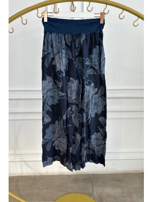 Yaprak Çiçek Desen Tokalı Ip Detaylı Keten Pantolon