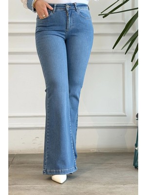 Yüksek Bel Likralı Ispanyol Paça Kot Pantolon