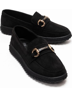 Ccway Kaydırmaz Kadın Tokalı Loafer Ayakkabı Siyah Süet