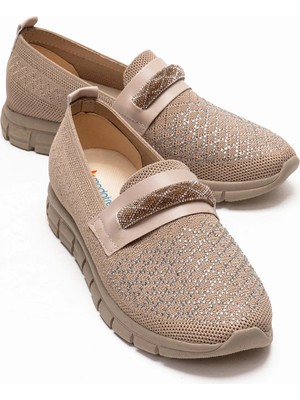 Ccway Kadın Triko Baklava Taşlı Toka Loafer Ayakkabı NUDE