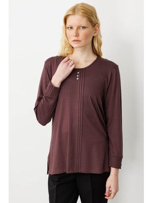 Desen Triko Kadın Sıfır Yaka Uzun Kollu Penye Bluz 25767 Kahverengi