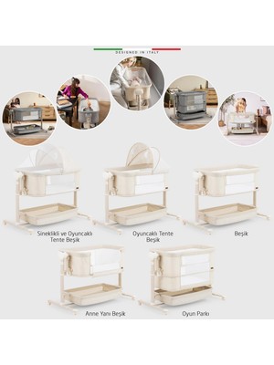 Elele Amalfi 3in1 Elektrikli Anne Yanı Beşik Park Yatak Otomatik Sallanan Kademeli Bej